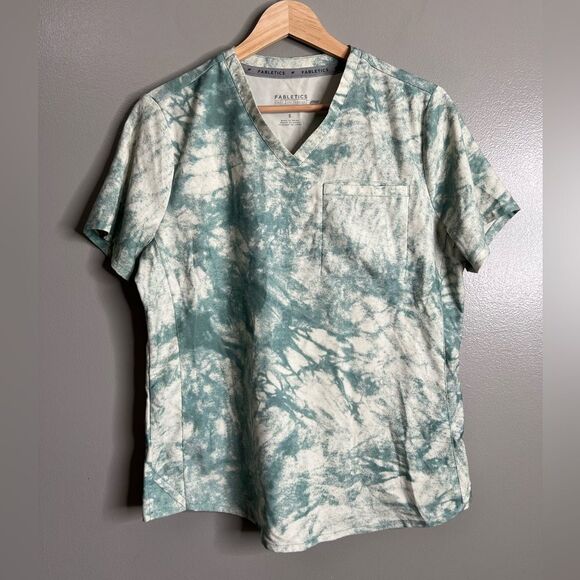 4/$25 Fabletics sage green tie dye scrub top small V neckline pocket medical - Picture 1 of 6